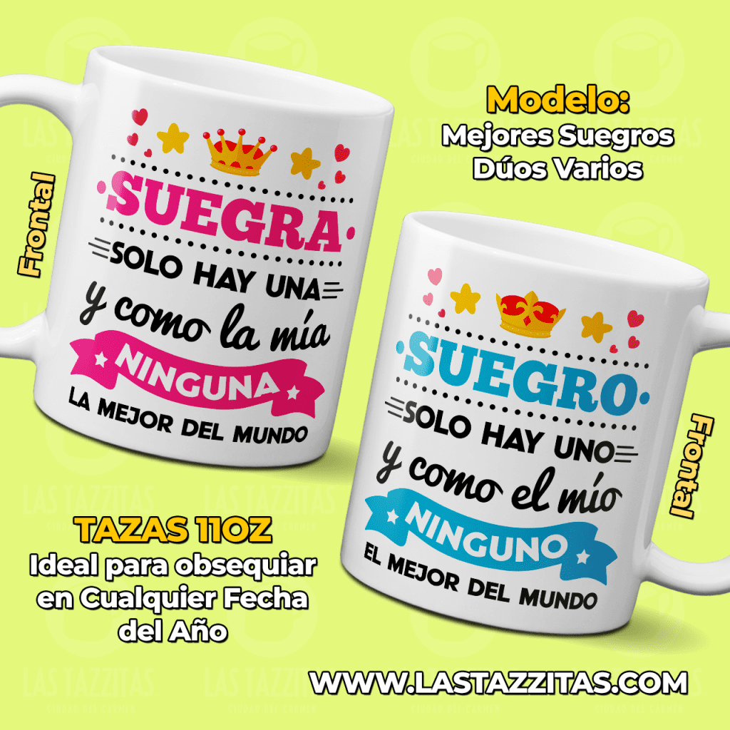 Tazas personalizadas con mensajes para el suegro y la suegra, ideales como regalo familiar original.