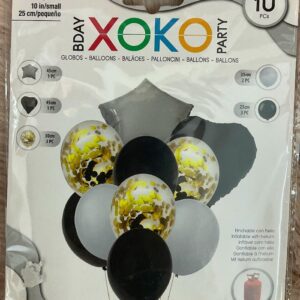 Pack de 10 Globos XOXO Party – Decoración con Globos Negros, Blancos y Dorados