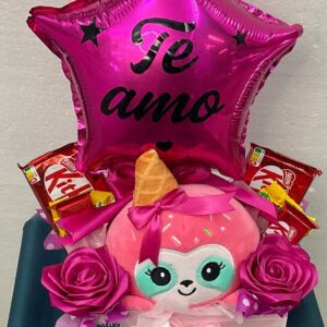 Regalo romántica con peluche, balón "Te amo" y chocolates Kit Kat