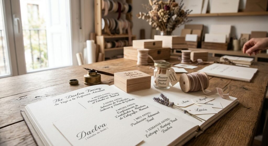 Guía de tiempos y planificación para encargar regalos personalizados para invitados de boda.
