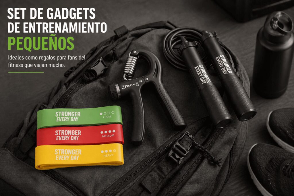 Set de gadgets de entrenamiento pequeños, ideales como regalos para fans del fitness que viajan mucho