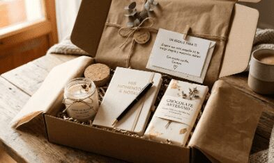 Kit de regalo sorpresa casero con detalles pequeños como vela, libreta y chocolate