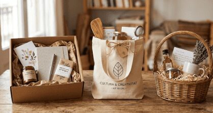 Diferentes contenedores para crear tu kit de regalo sorpresa: caja kraft, bolsa y cesta