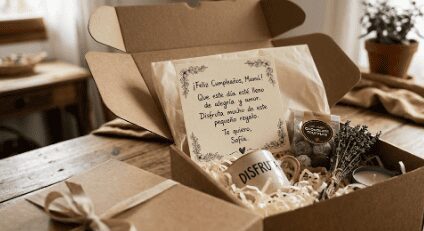 Tarjeta con mensaje personal dentro de un kit de regalo sorpresa