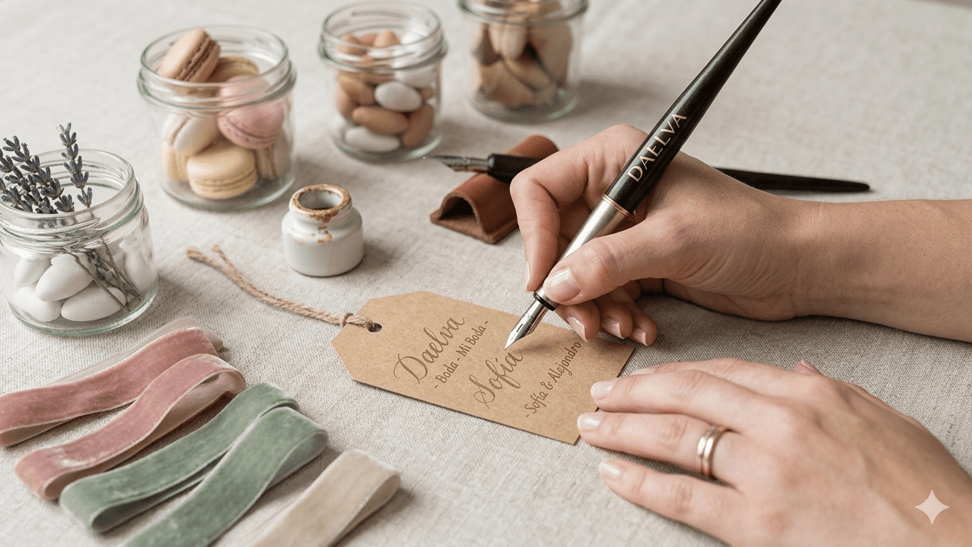 Proceso de caligrafía manual con pluma y tinta dorada para etiquetas personalizadas de regalos de boda artesanales de Daelva.