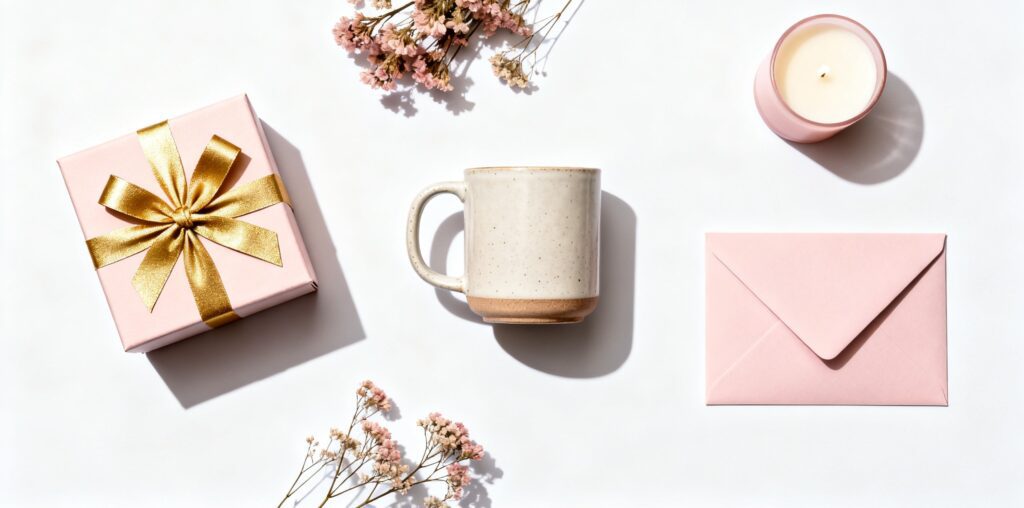 Selección de ideas de regalo infalibles en flat lay sobre fondo blanco