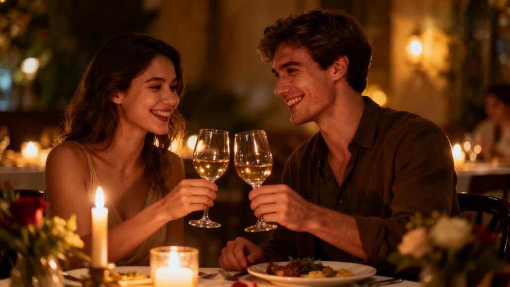 Pareja disfrutando una experiencia de regalo en cena romántica con velas