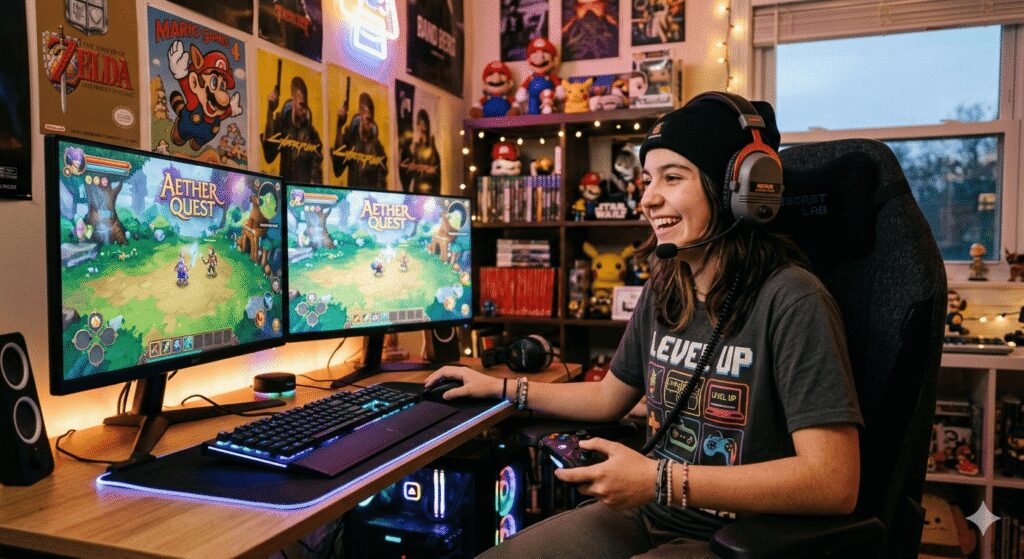adolescente con auriculares retro gamers, regalos para adolescentes 2026