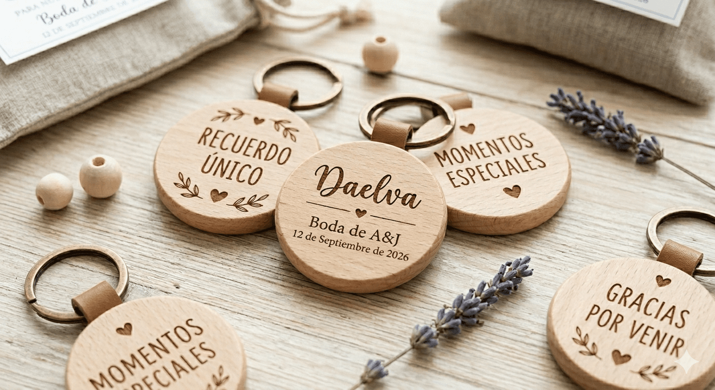 Llaveros de madera grabados personalizados eventos Madrid Daelva
