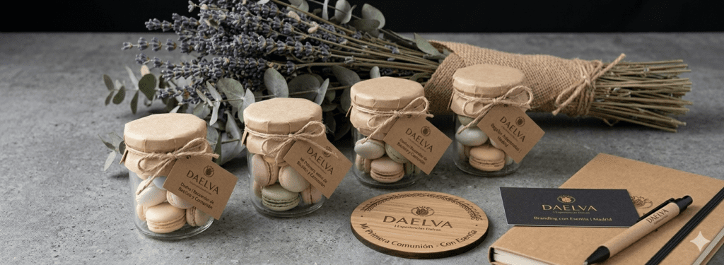 Tarros de cristal con macarons y dulces gourmet para comunión, decorados con papel kraft, cuerda de yute y etiquetas personalizadas de Daelva en Madrid.