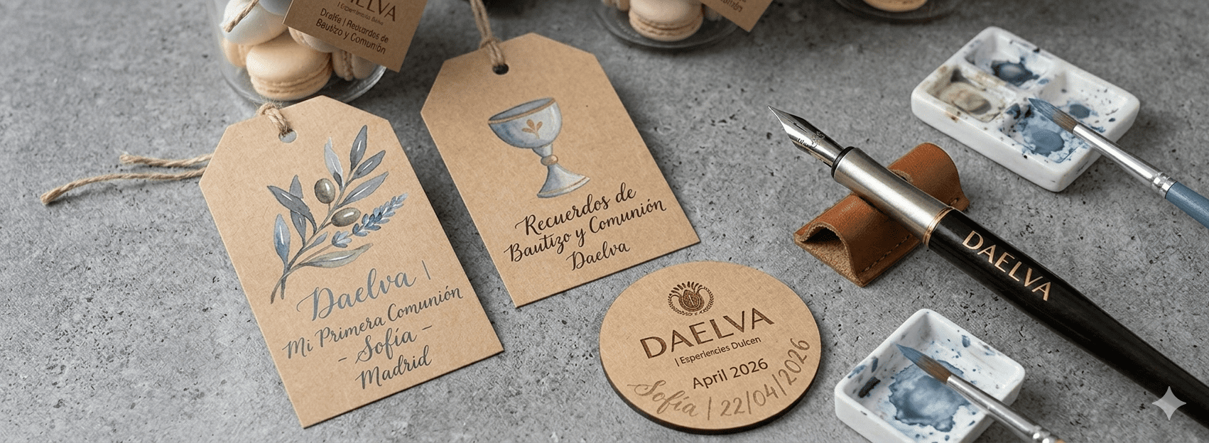 Etiquetas de papel artesanal con ilustraciones en acuarela y caligrafía manual dorada para recuerdos de bautizo y primera comunión de Daelva.