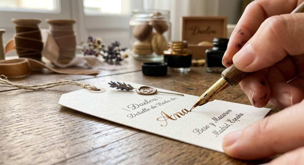 Primer plano de caligrafía manual con pluma para personalizar etiquetas de Regalos personalizados para invitados