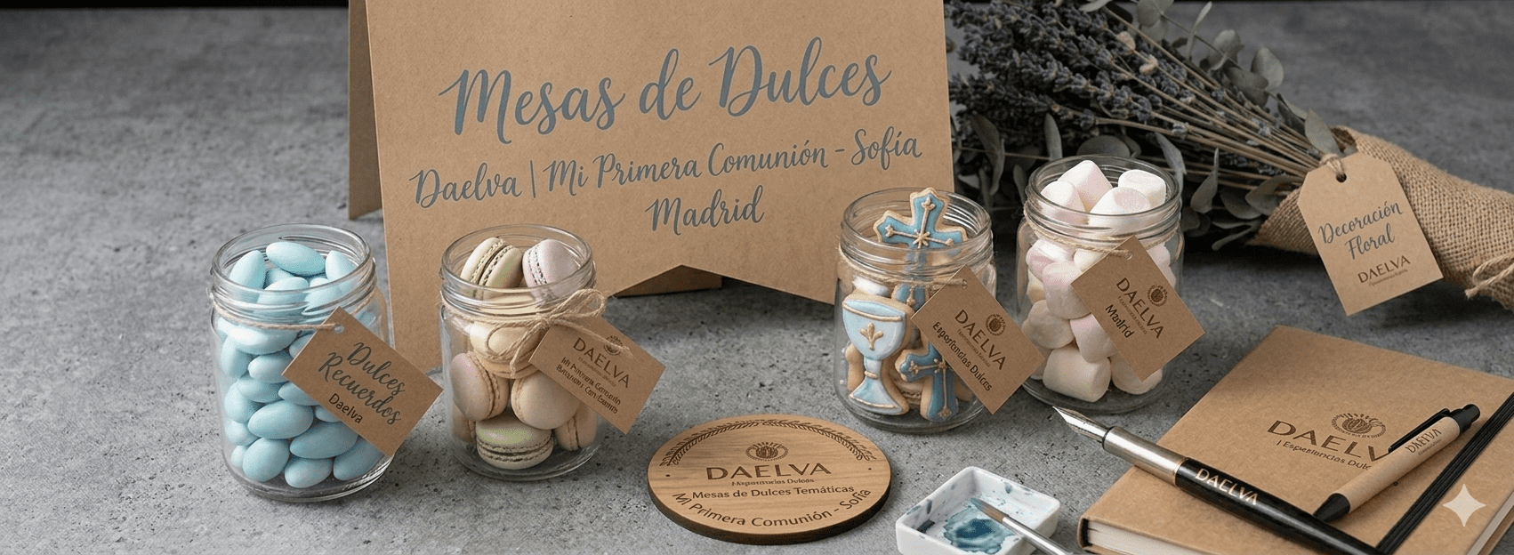 Mesa de dulces temática para comunión en Madrid con botes de peladillas, galletas personalizadas y cartelería de diseño artesanal de Daelva.