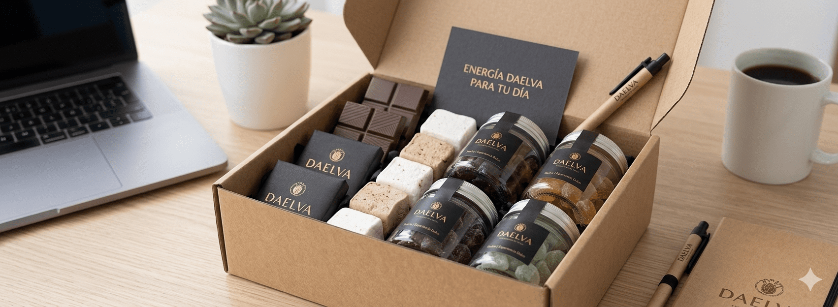 Kit de bienvenida para empleados en oficina con botes de gominolas artesanales, chocolate premium y tarjeta personalizada de Daelva sobre un escritorio moderno.