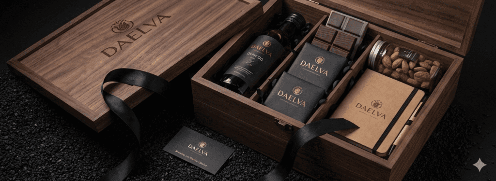 Caja de regalo corporativo de madera de nogal abierta con branding de Daelva, mostrando el packaging premium con papel de seda negro y dulces gourmet.