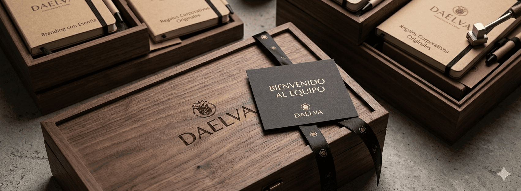 Detalle de personalización de regalos de empresa con logo grabado en madera, cintas de seda negras y etiquetas exclusivas de Daelva para eventos corporativos en Madrid.