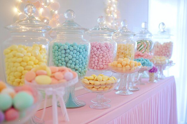Decoración de mesa de dulces y candy bar para ofrecer regalos originales para invitados en Madrid