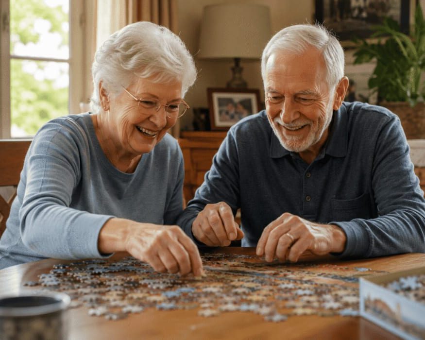 Pareja de personas mayores disfrutando de actividades en casa