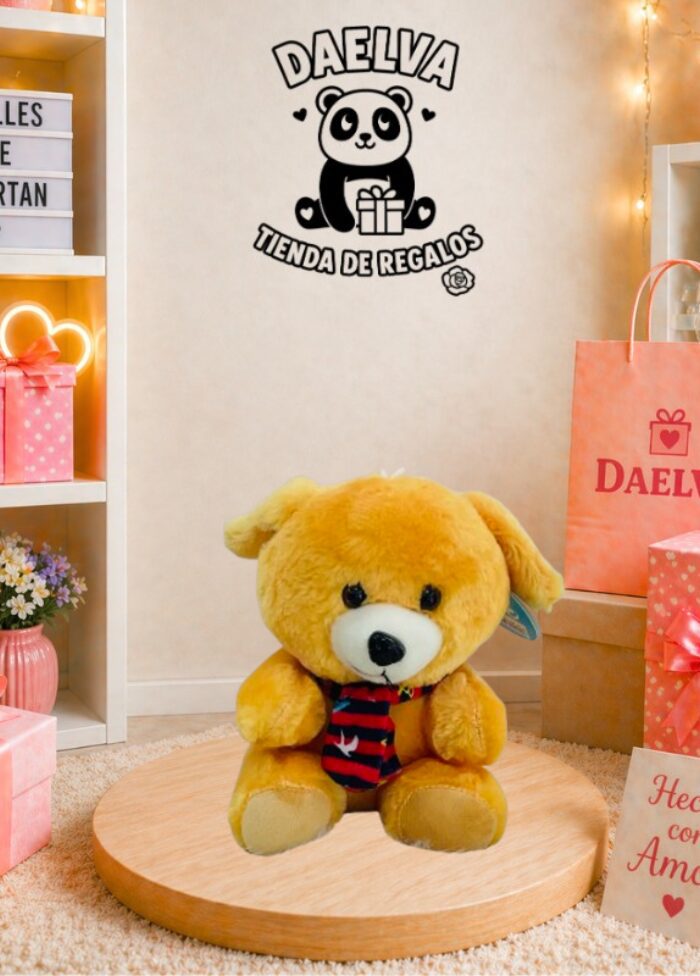 Peluche de perrito amarillo con bufanda a rallas