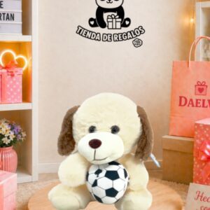 Peluche de perrito con pelota de fútbol