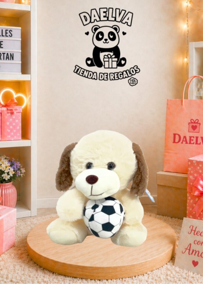 Peluche de perrito con pelota de fútbol