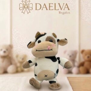 Peluche de vaca con manchas para regalar, blanca y negra, con mejillas rosas y las patas abiertas