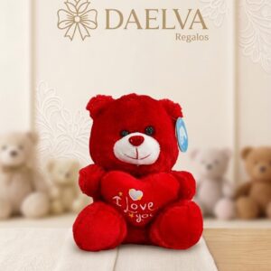 Peluche de osito rojo con corazón, de pelo rojo intenso, hocico blanco y un corazón con el mensaje I love you