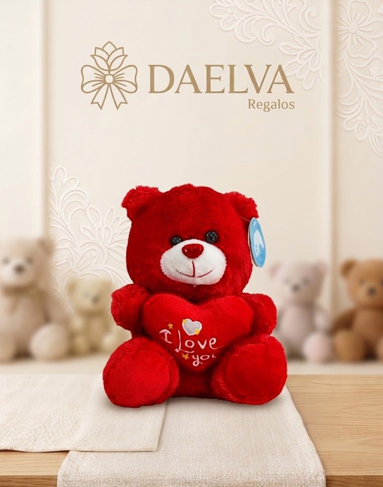 Peluche de osito rojo con corazón, de pelo rojo intenso, hocico blanco y un corazón con el mensaje I love you