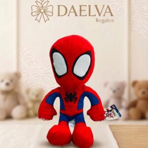 Peluche de superhéroe con máscara roja, grandes ojos blancos y traje rojo y azul