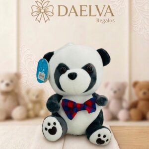 Peluche de panda con pajarita para regalar, blanco y negro, sentado y con pajarita de cuadros azul y roja