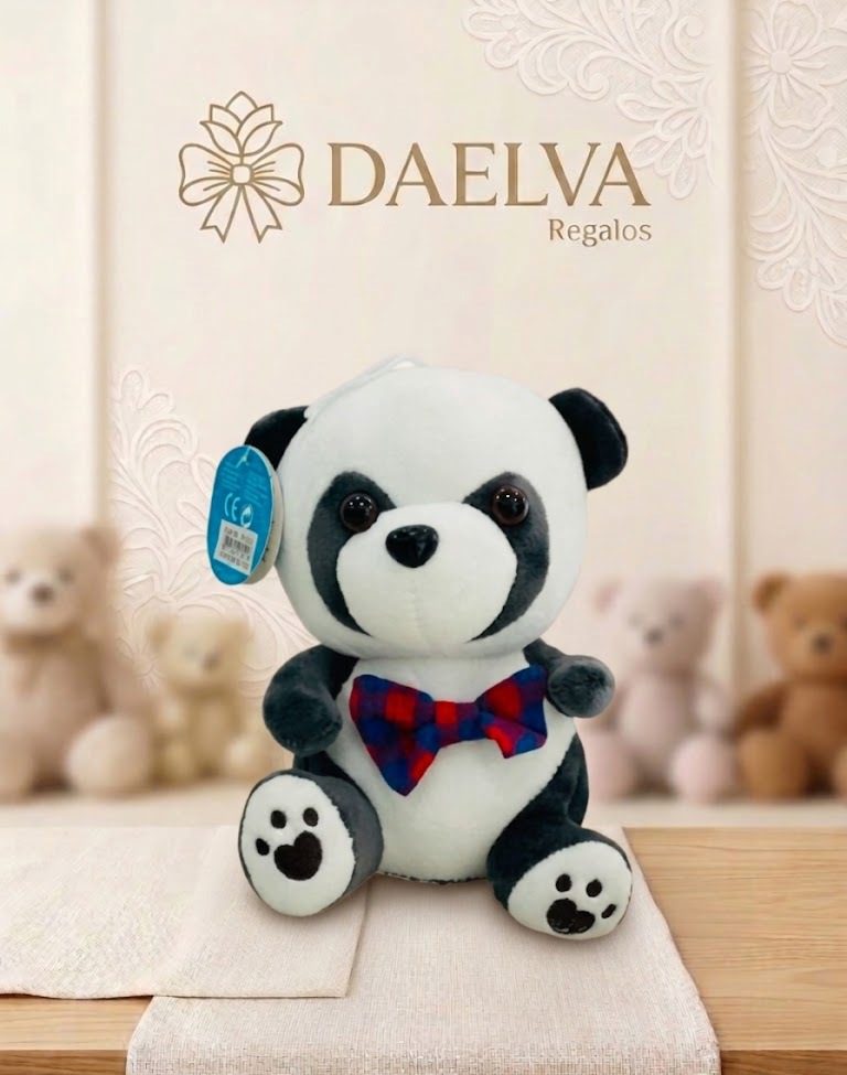 Peluche de panda con pajarita para regalar, blanco y negro, sentado y con pajarita de cuadros azul y roja