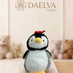 Peluche de pingüino con lazo para regalar, con pico amarillo, mejillas rosas y lazo rojo