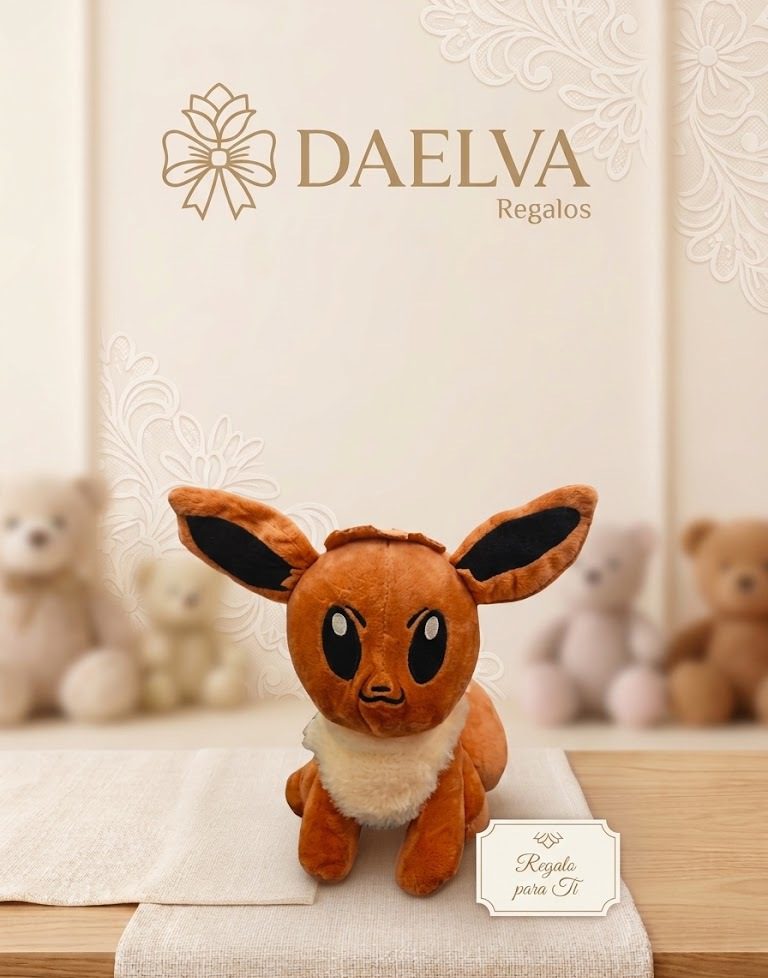 Peluche marrón de orejas grandes y collar blanco sobre una base redonda de madera