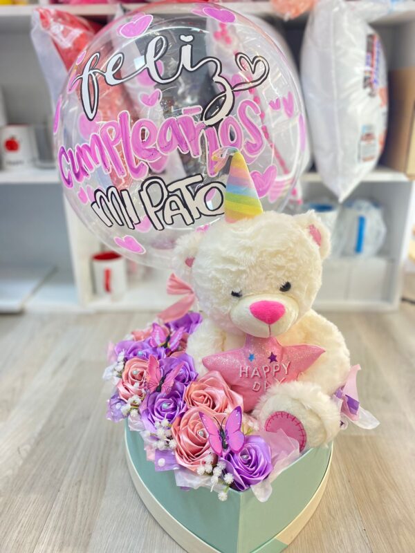 rosas, peluche y globo personalizado