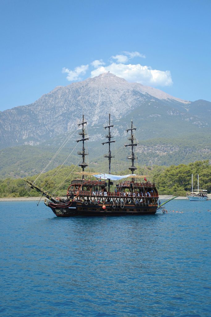 A large mountain in the background