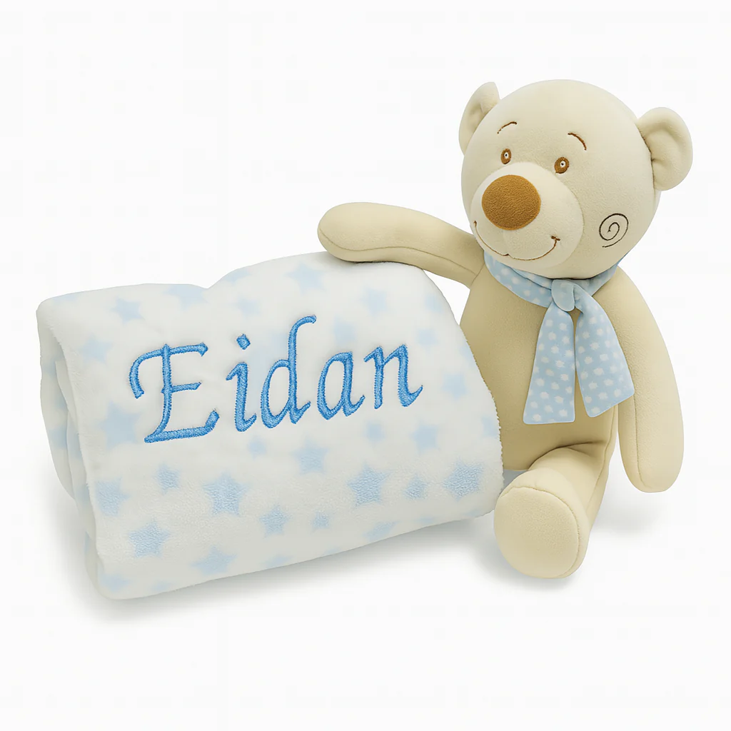 manta personalizada con nombre y peluche para bebé, regalos con sentido para cada momento