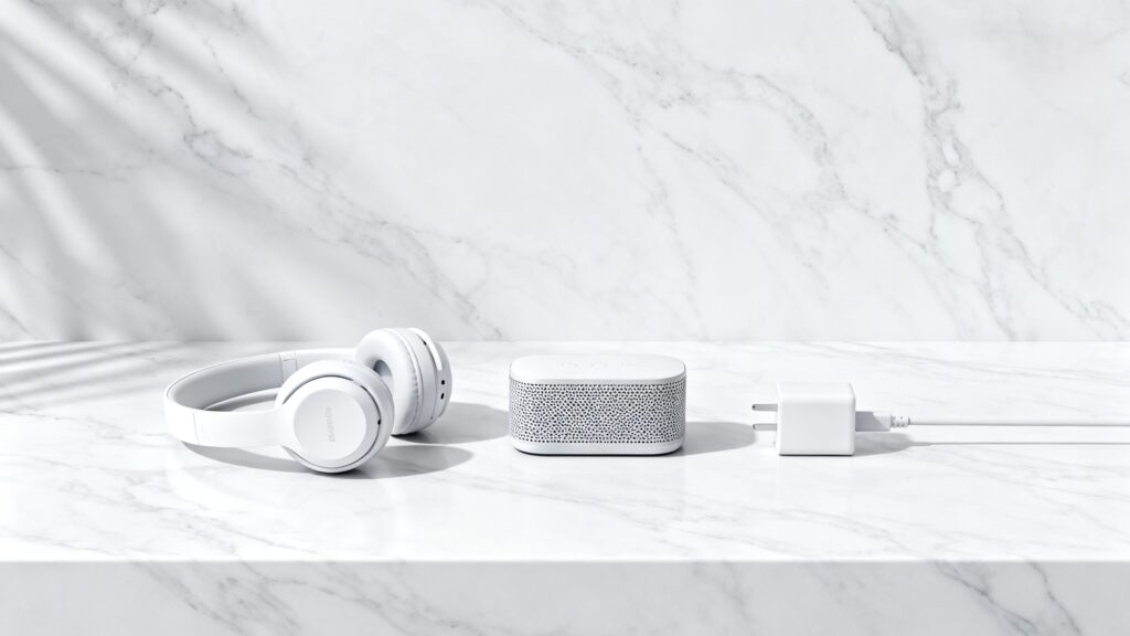 Regalos tecnológicos que siempre aciertan: auriculares y altavoz sobre mármol