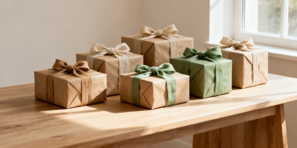 Regalos que siempre aciertan envueltos en papel kraft sobre mesa de madera