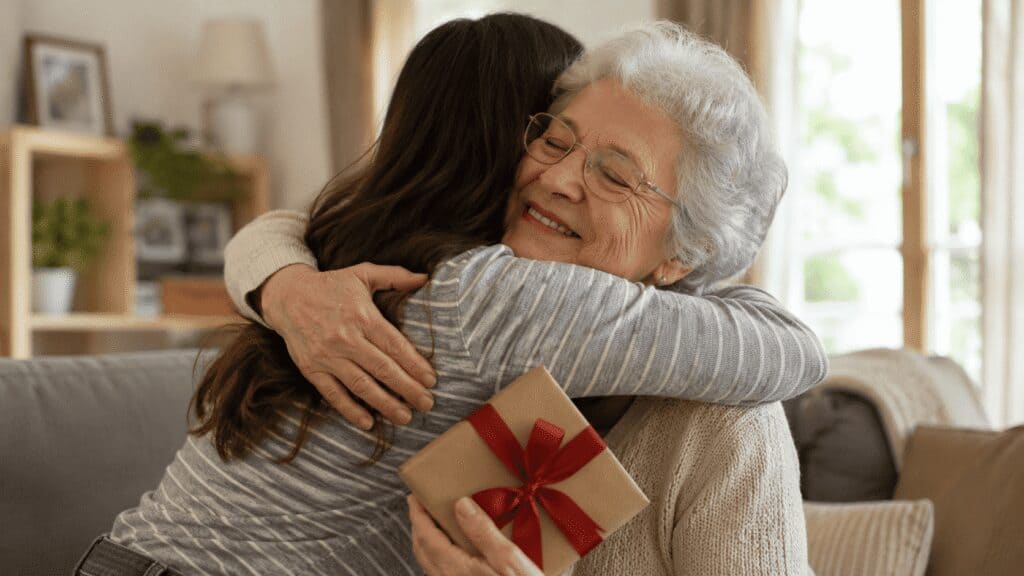 Abuela recibiendo un regalo de su nieto en casa
