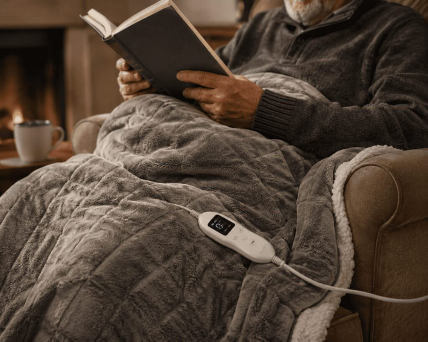 Manta eléctrica y taza con termostato como regalo práctico para personas mayores