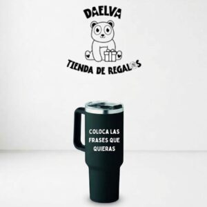 Termo personalizado con frase para regalar, negro con asa y tapa