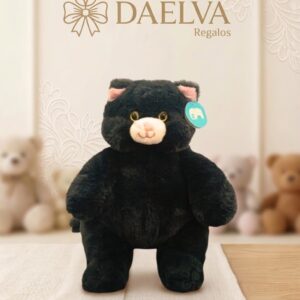 Peluche de gato negro para regalar, de pelo suave, con orejas rosas y morro claro
